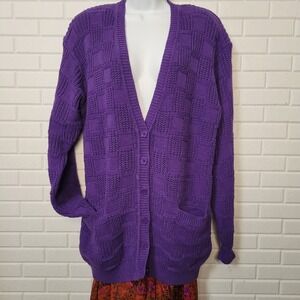 Vtg 90s Cardigan Sweater Oversized M Marsh Landing Purple‎ Squares Knit Dopamine